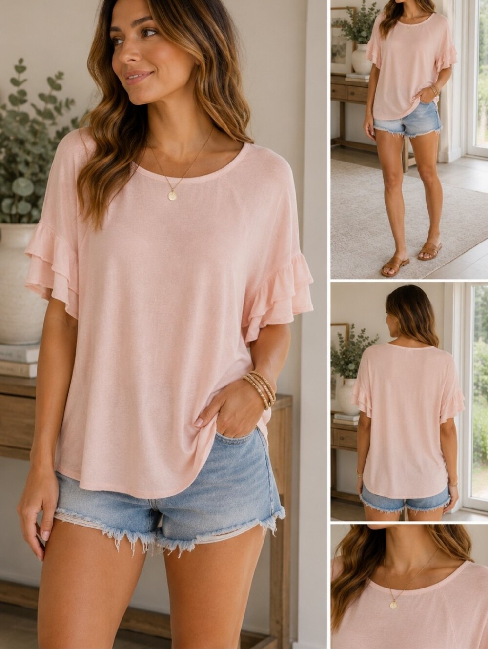 Umgee Women's XL Blush Pink Ruffle Sleeve Top Boho Flutter Sleeve Blouse